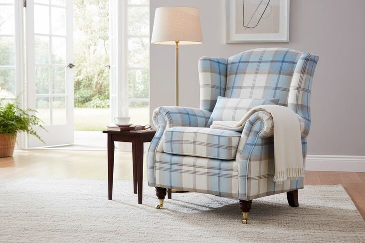 Wing Chair Fireside High Back Armchair Balmoral Sky Check Fabric P&S