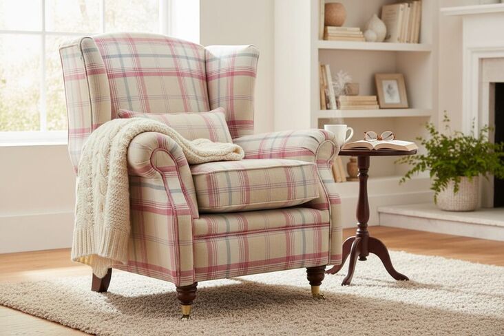 Wing Chair Fireside High Back Armchair Balmoral Sorbet Check Fabric P&S