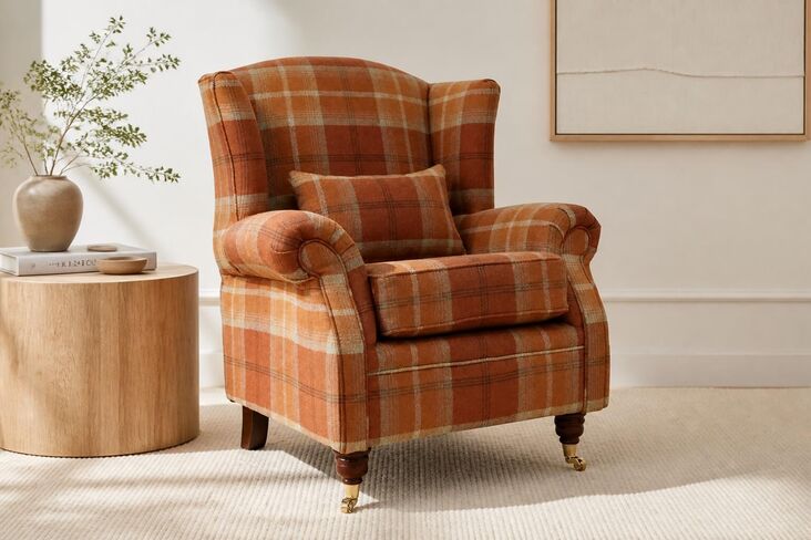 Wing Chair Fireside High Back Armchair Balmoral Spice Check Fabric P&S