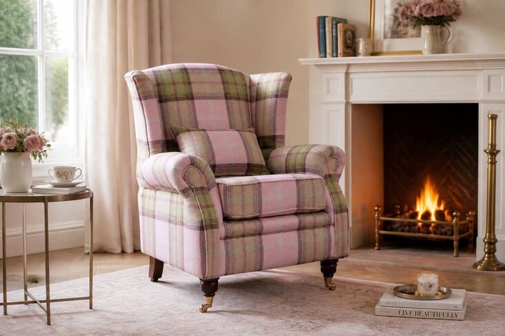 Wing Chair Fireside High Back Armchair Balmoral Watermelon Check Fabric P&S