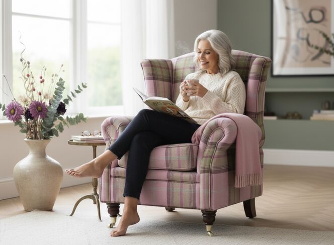 Wing Chair Fireside High Back Armchair Balmoral Watermelon Check Fabric P&S