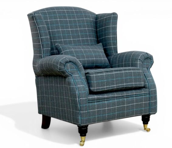 Wing Chair Fireside High Back Armchair Bamburgh Azure Check Fabric
