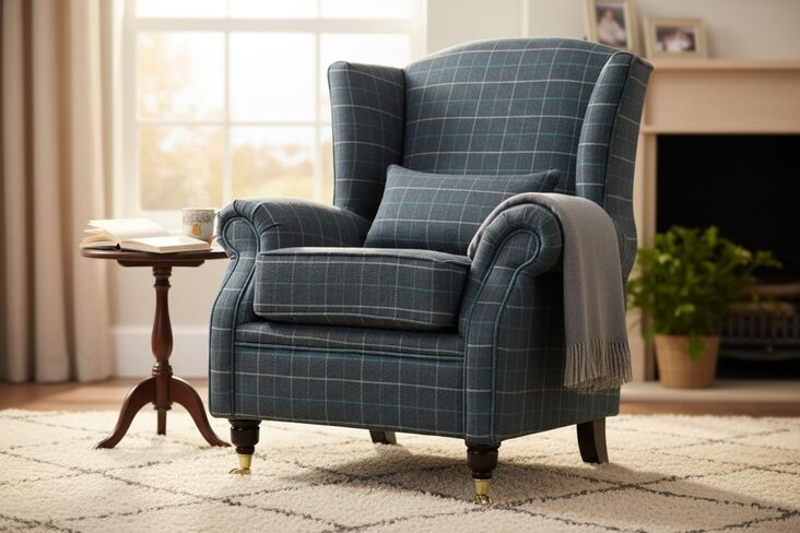 Wing Chair Fireside High Back Armchair Bamburgh Azure Check Fabric