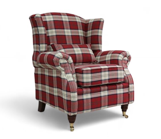 Wing Chair Fireside High Back Armchair Braemer Crimson Check Fabric