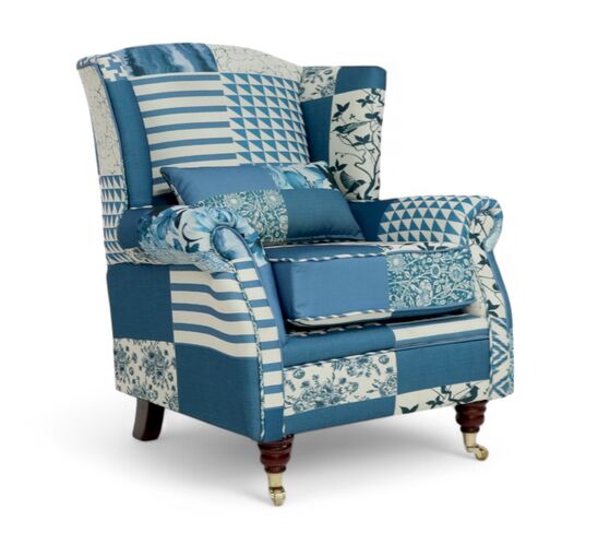 Wing Chair Fireside High Back Armchair Charles Patchwork Blue Fabric