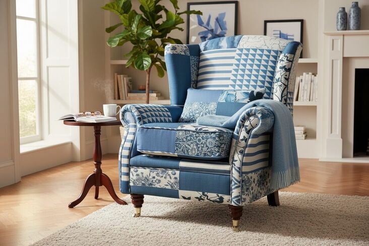 Wing Chair Fireside High Back Armchair Charles Patchwork Blue Fabric
