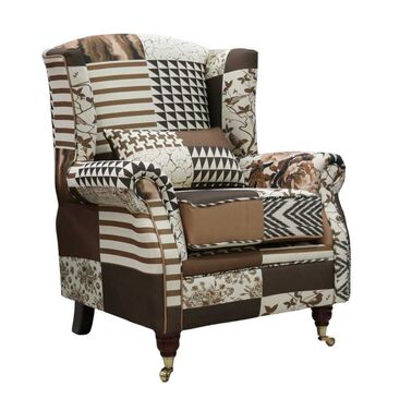 Wing Chair Fireside High Back Armchair Charles Patchwork Brown Fabric