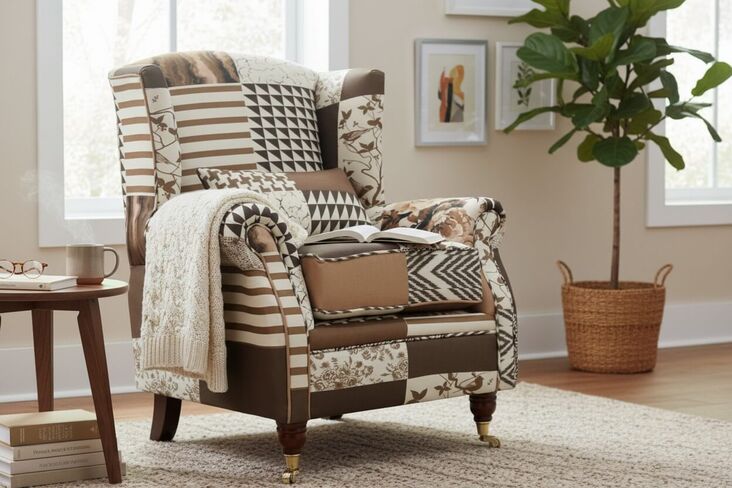 Wing Chair Fireside High Back Armchair Charles Patchwork Brown Fabric