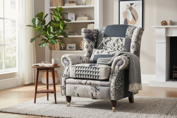 Wing Chair Fireside High Back Armchair Charles Patchwork Fabric