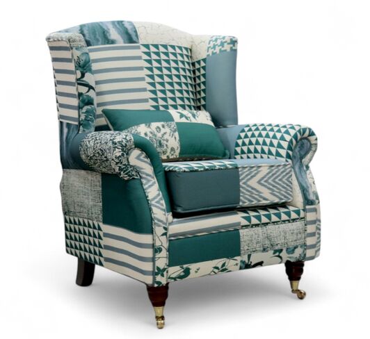 Wing Chair Fireside High Back Armchair Charles Patchwork Green Fabric