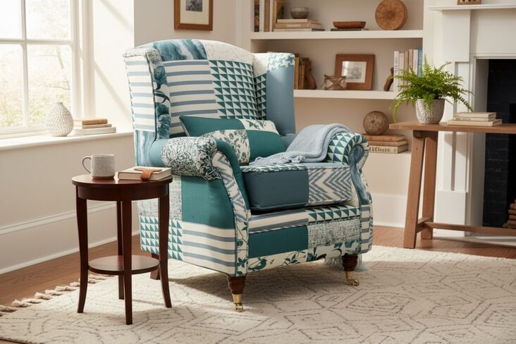 Wing Chair Fireside High Back Armchair Charles Patchwork Green Fabric
