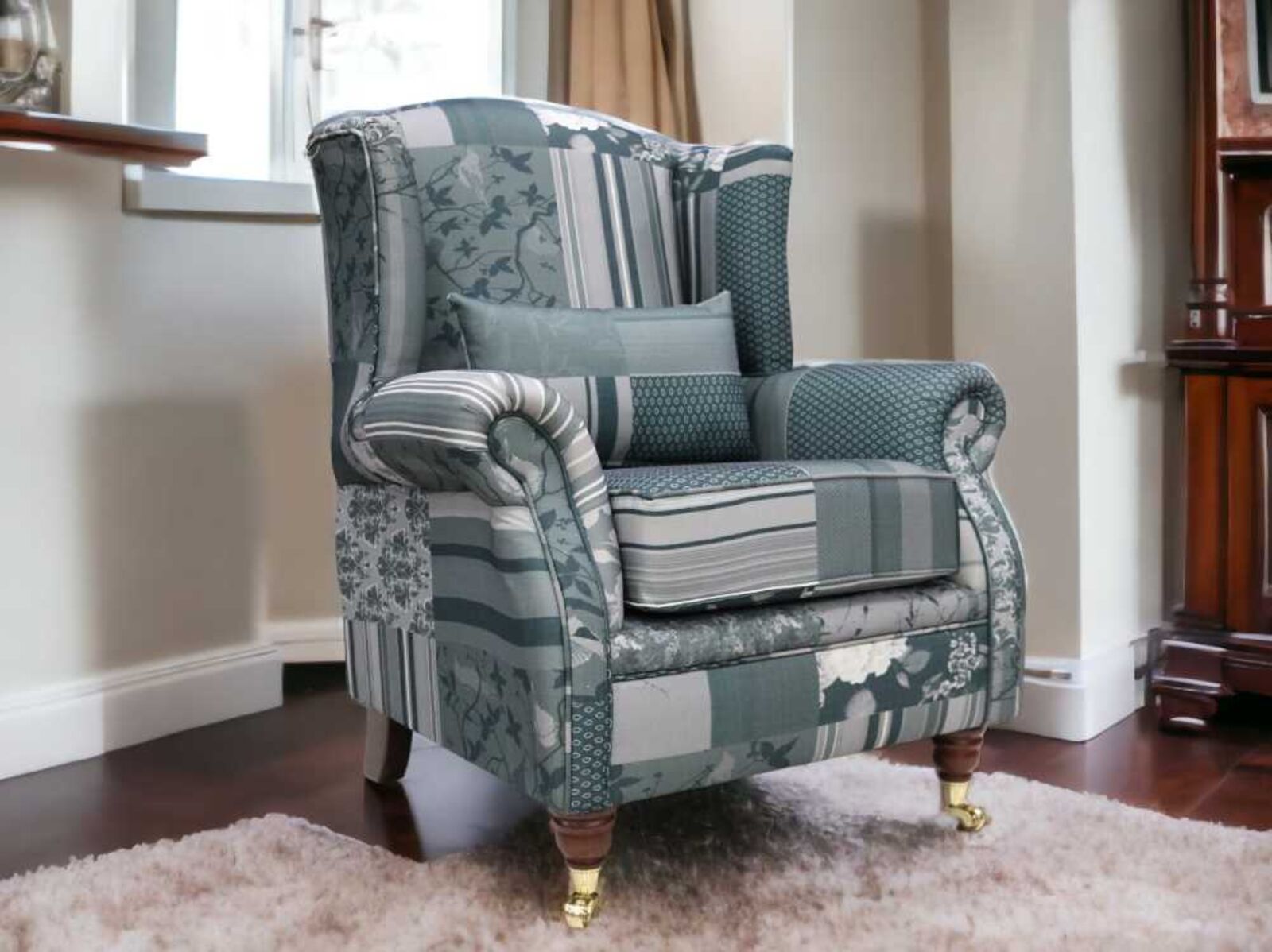 Product photograph of Wing Chair Fireside High Back Armchair Charles Patchwork Grey Fabric from Designer Sofas 4U