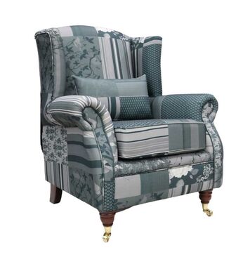 Wing Chair Fireside High Back Armchair Charles Patchwork Grey Fabric