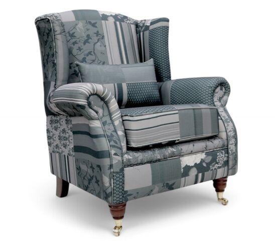 Wing Chair Fireside High Back Armchair Charles Patchwork Grey Fabric