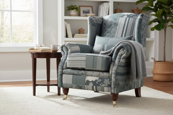 Wing Chair Fireside High Back Armchair Charles Patchwork Grey Fabric
