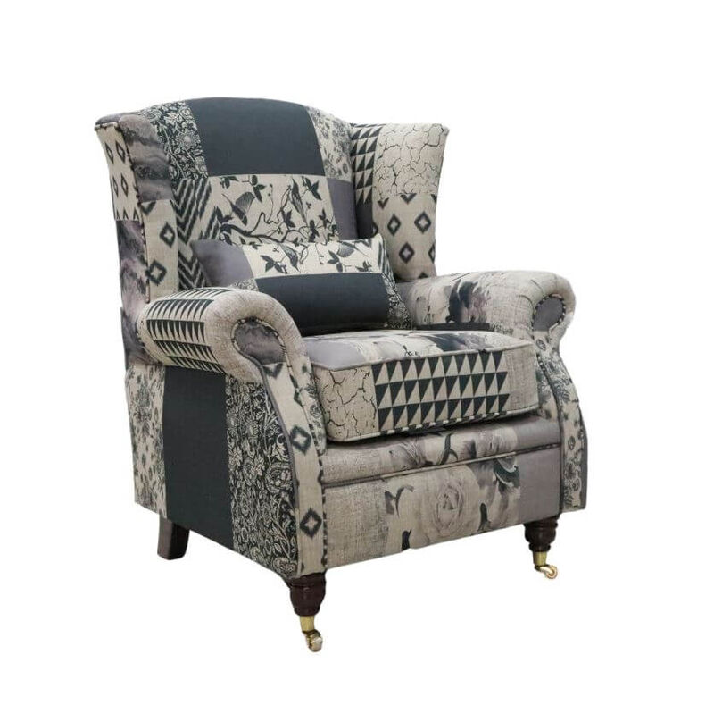 Product photograph of Wing Chair Fireside High Back Armchair Charles Patchwork Fabric from Designer Sofas 4U