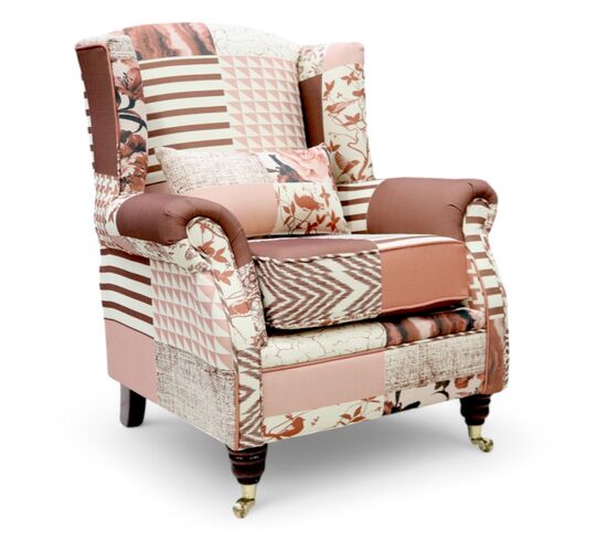 Wing Chair Fireside High Back Armchair Charles Patchwork Peach Fabric