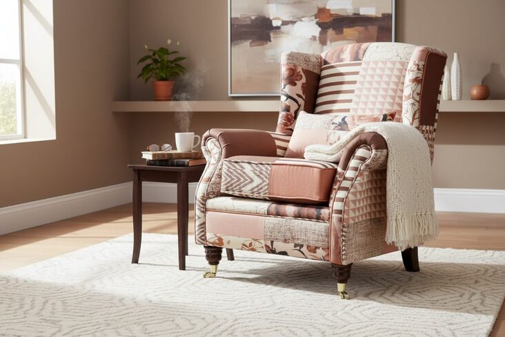 Wing Chair Fireside High Back Armchair Charles Patchwork Peach Fabric