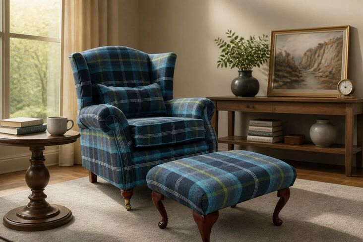 Wing Chair Fireside High Back Armchair + Footstool Balmoral Azure Check Fabric P&S