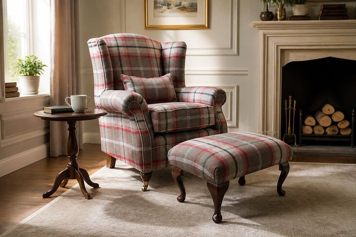 Wing Chair Fireside High Back Armchair + Footstool Balmoral Rosso Check Fabric P&S