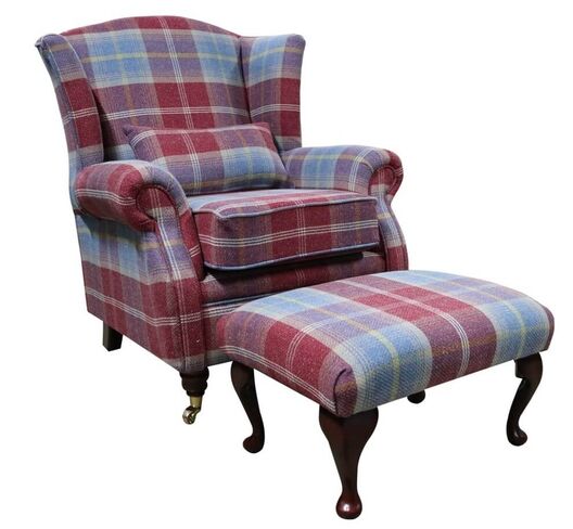 Wing Chair Fireside High Back Armchair + Footstool Balmoral Ruby Check Fabric P&S