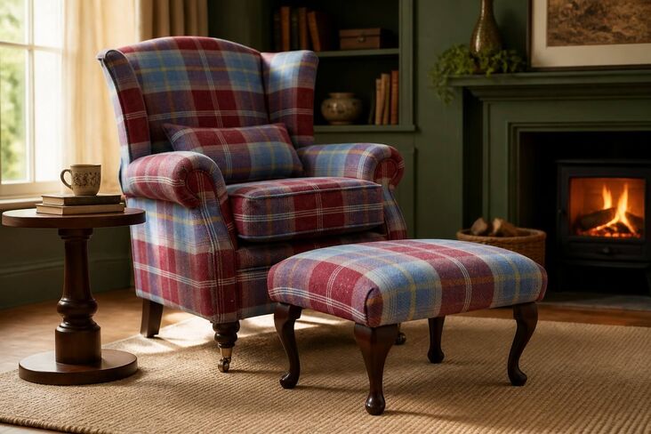 Wing Chair Fireside High Back Armchair + Footstool Balmoral Ruby Check Fabric P&S