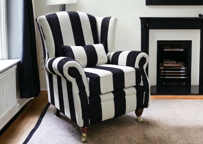 Wing Chair Fireside High Back Armchair Harrison Stripe Black | DesignerSofas4U