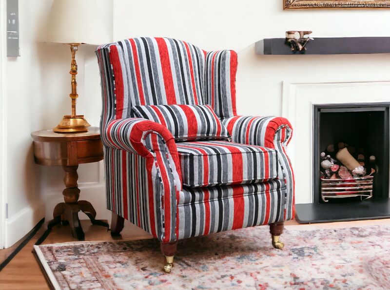 Product photograph of Wing Chair Fireside High Back Armchair Justin Stripe Cranberry from Designer Sofas 4U
