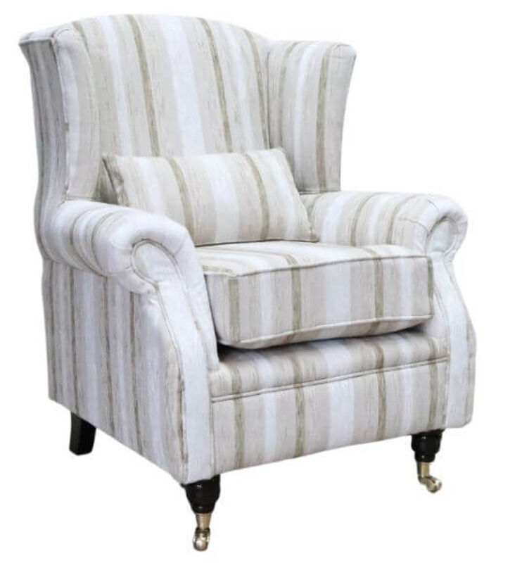 Product photograph of Wing Chair Fireside High Back Armchair Justin Stripe Ivory from Designer Sofas 4U