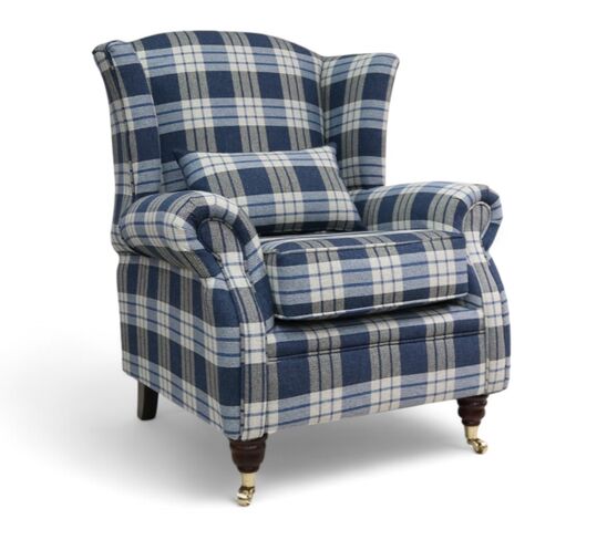 Wing Chair Fireside High Back Armchair Kintyre Indigo Blue Check Fabric