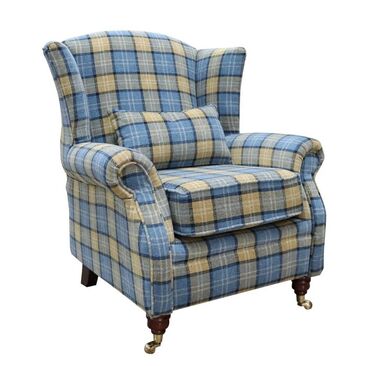 Wing Chair Fireside High Back Armchair Lana Blue Check Fabric