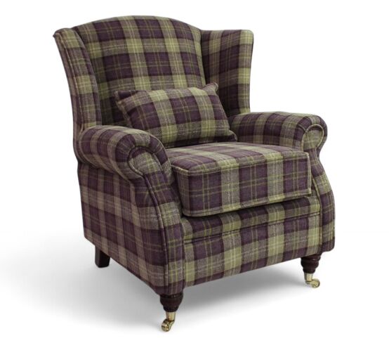 Wing Chair Fireside High Back Armchair Lana Purple Check Fabric