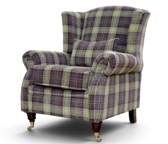 Wing Chair Fireside High Back Armchair Lana Purple Check Fabric