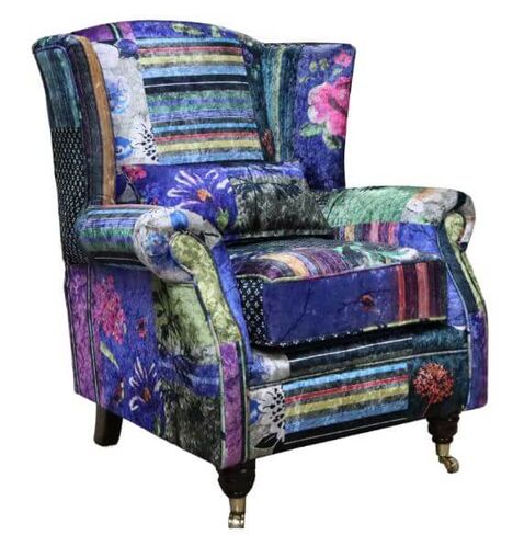 Wing Chair Fireside High Back Armchair London Patchwork Velvet Fabric