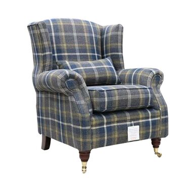 Wing Chair Fireside High Back Armchair Tartan Blue Check Fabric