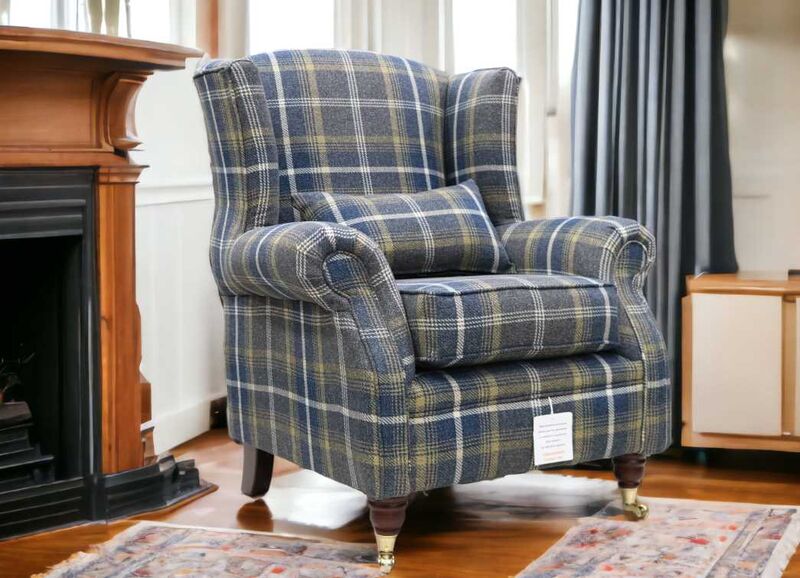 Product photograph of Wing Chair Fireside High Back Armchair Tartan Denim Check Fabric from Designer Sofas 4U