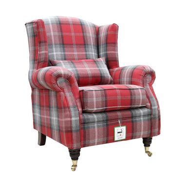 Wing Chair Fireside High Back Armchair Tartan Red Check Fabric