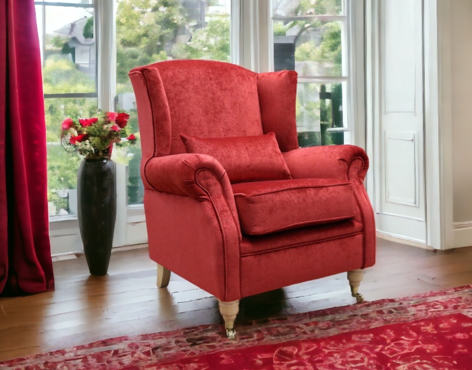 Product photograph of Wing Chair Fireside High Back Armchair Velluto Ruby Fabric from Designer Sofas 4U