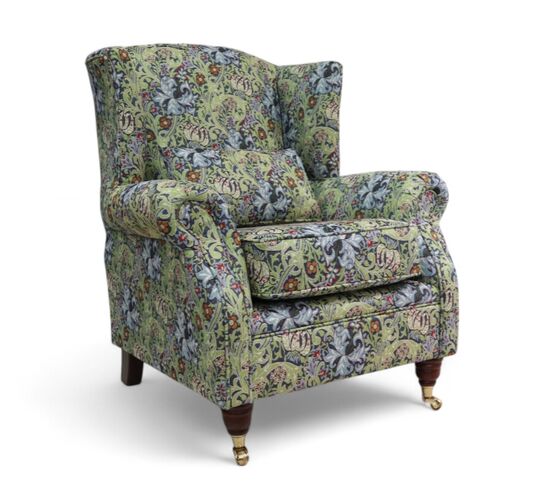Wing Chair Fireside High Back Armchair William Morris Tapestry Fabric Golden Lily