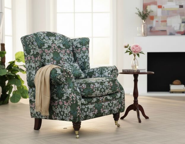 Wing Chair Fireside High Back Armchair William Morris Tapestry Fabric Hyacinth Green