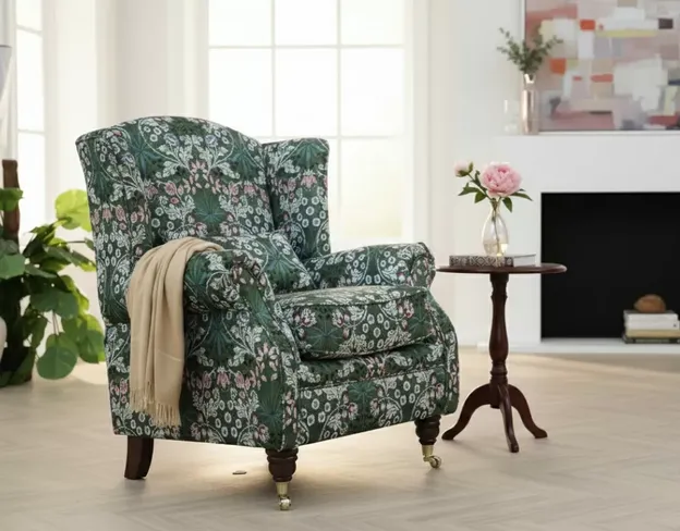 Wing Chair Fireside High Back Armchair William Morris Tapestry Fabric Hyacinth Green
