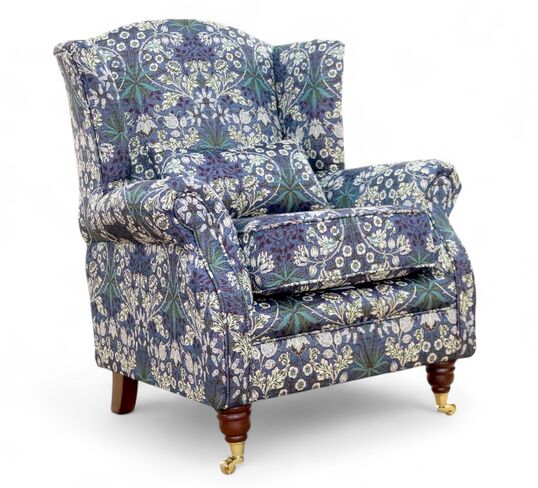 Wing Chair Fireside High Back Armchair William Morris Tapestry Fabric Hyacinth Indigo Blue