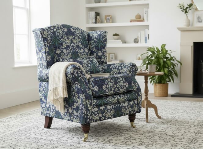 Wing Chair Fireside High Back Armchair William Morris Tapestry Fabric Hyacinth Indigo Blue