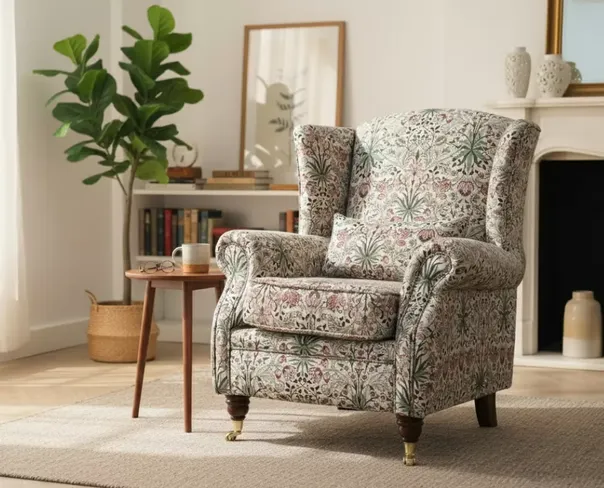 Wing Chair Fireside High Back Armchair William Morris Tapestry Fabric Hyacinth Natural
