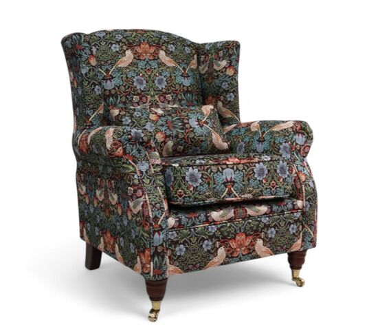 Wing Chair Fireside High Back Armchair William Morris Tapestry Fabric Strawberry Thief Black