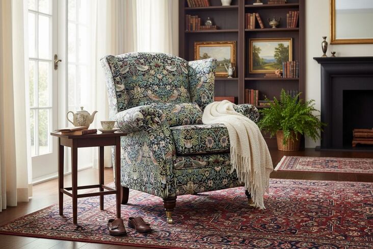 Wing Chair Fireside High Back Armchair William Morris Tapestry Fabric Strawberry Thief Brown