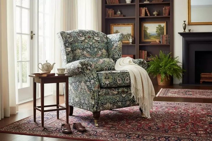 Wing Chair Fireside High Back Armchair William Morris Tapestry Fabric Strawberry Thief Brown