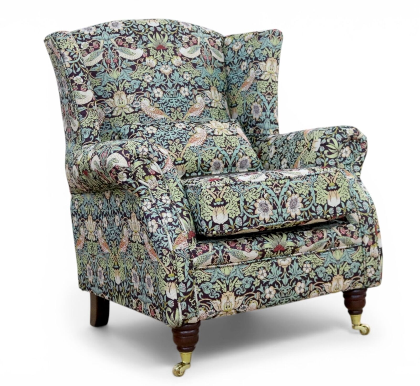 Wing Chair Fireside High Back Armchair William Morris Tapestry Fabric Strawberry Thief Brown