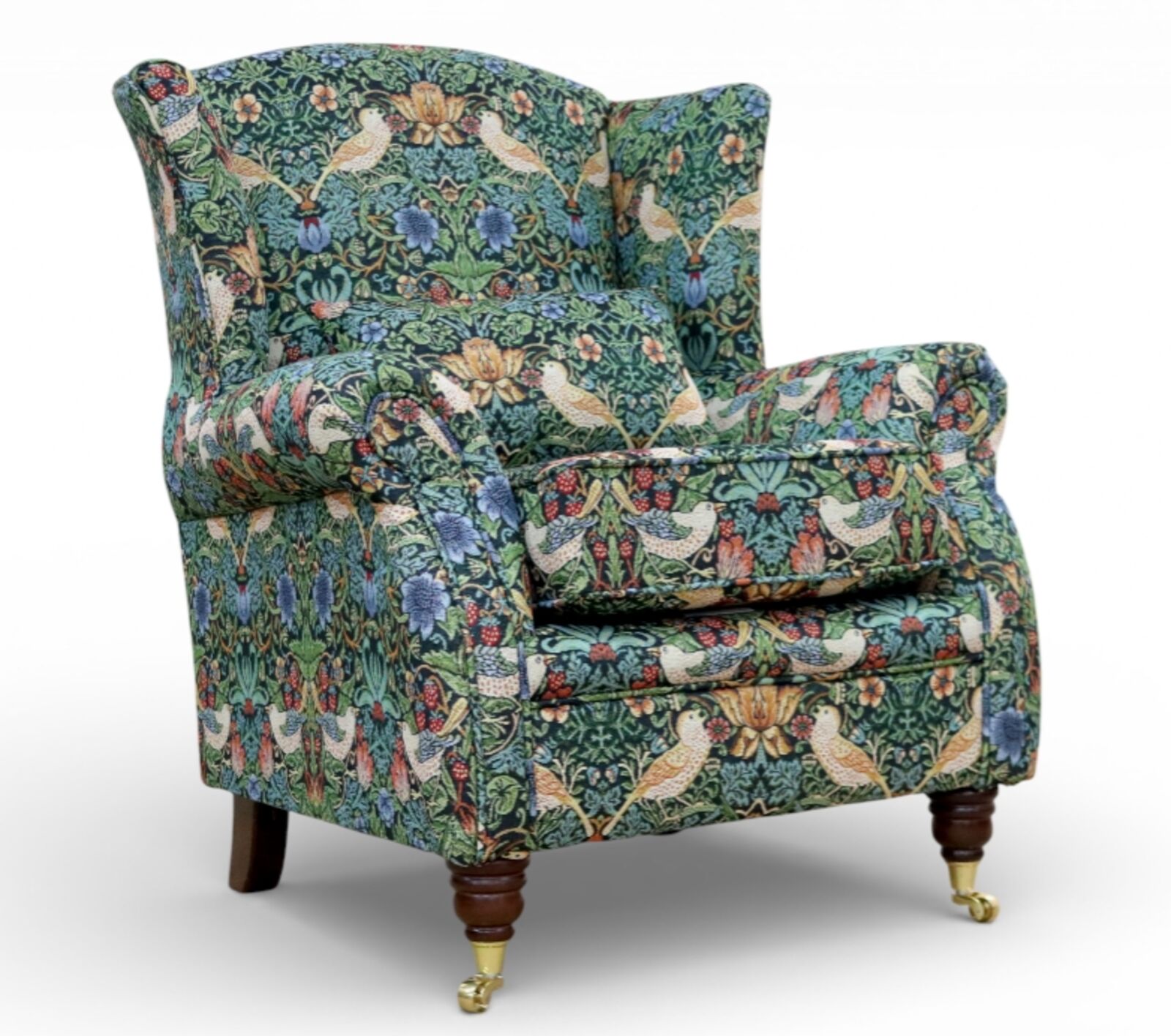 Wing Chair Fireside High Back Armchair William Morris Tapestry Fabric Strawberry Thief Forest