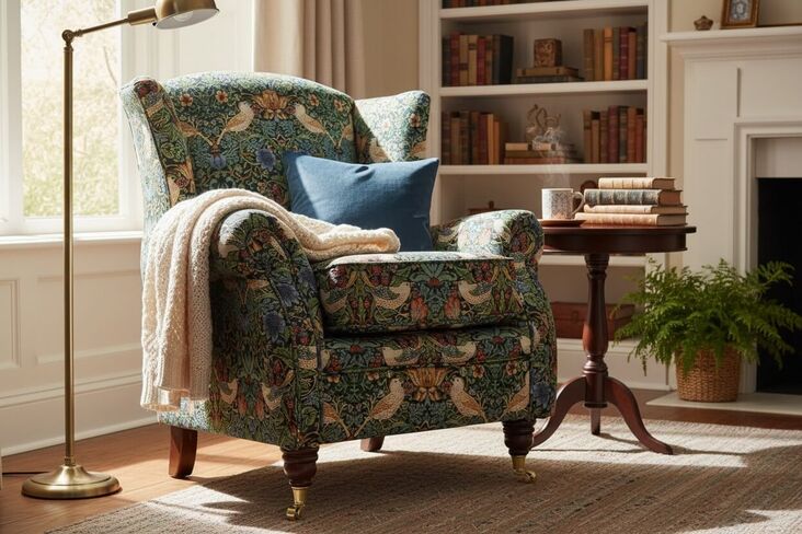 Wing Chair Fireside High Back Armchair William Morris Tapestry Fabric Strawberry Thief Forest